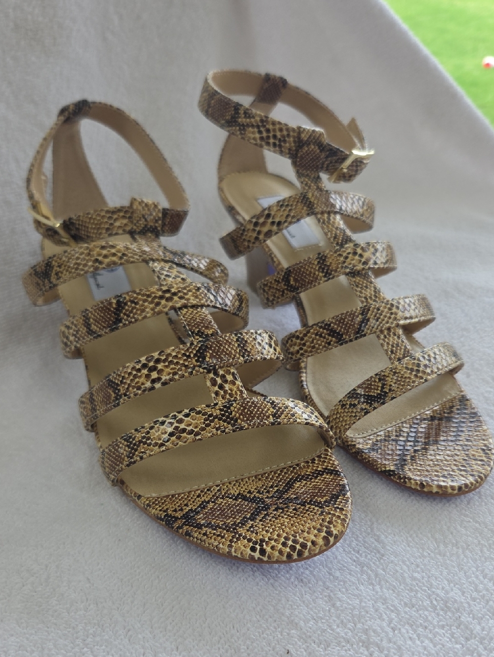 Hot in Hollywood Tan Snake-Print Strappy Heels, Gladiatot 10M